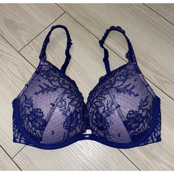 Victorias Secret Push Up Bra Lace Padded Underwire Rhinestones Womens 32D Blue - Picture 2 of 6